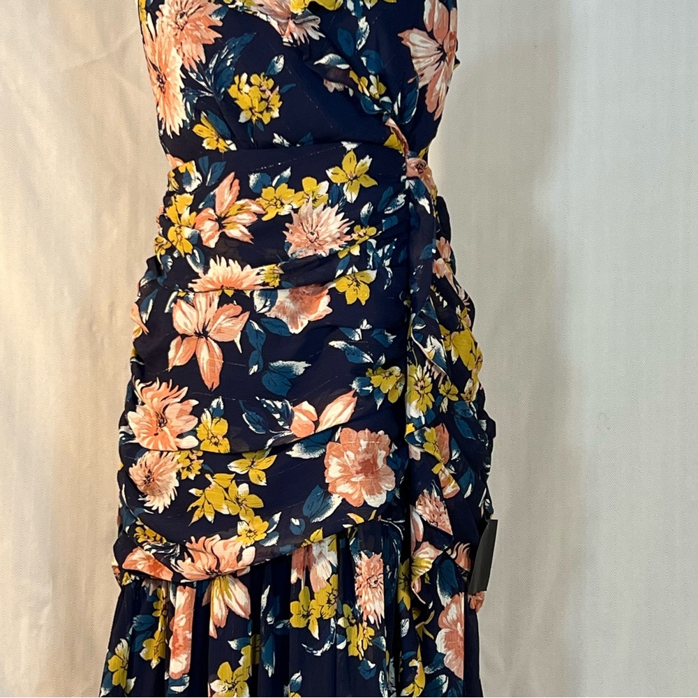 Lulus MIDI Floral Dress Blue Ruched Waist Flounce Skirt Slit Spaghetti Straps L - Picture 5 of 16